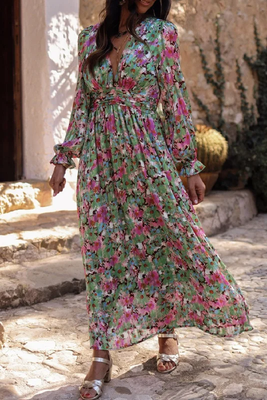 Green Floral Print Deep V Neck Ruched Cinched Waist Maxi Dress Elegant Maxi Dress with Slit