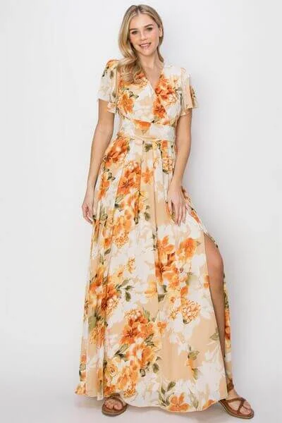 Floral Tie Back Short Sleeve Slit Maxi Dress Cozy Longline Maxi Dress