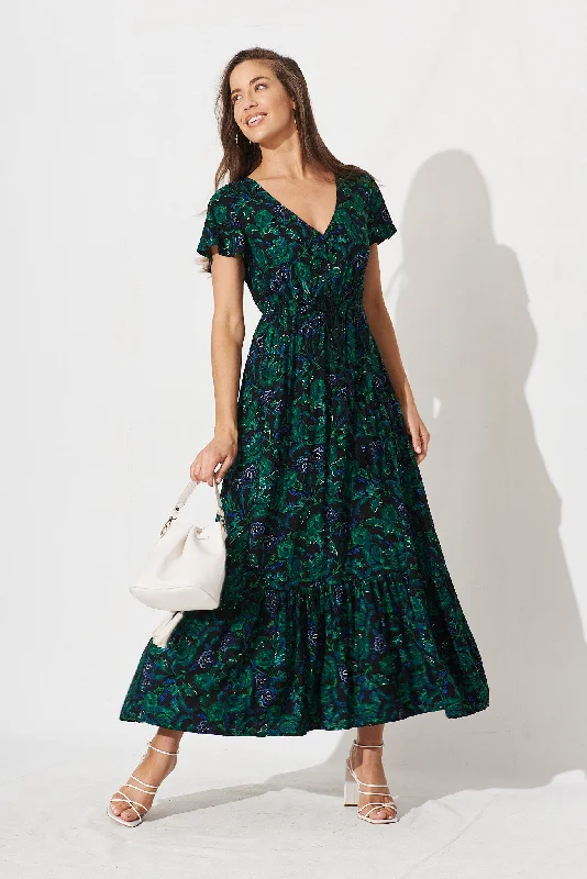 Ingra Maxi Dress In Emerald With Green And Blue Floral Fashionable Faux Wrap Maxi Dress