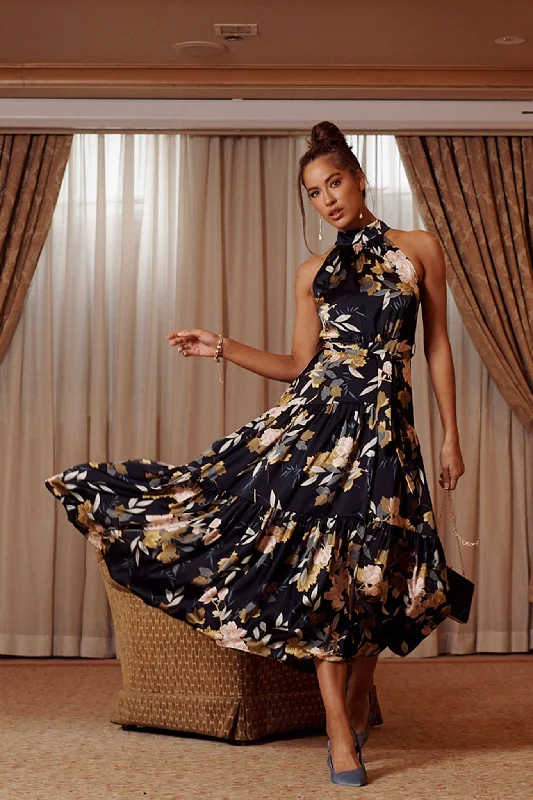 Khalo Maxi Dress In Navy Floral Satin Elegant Maxi Dress with Slit