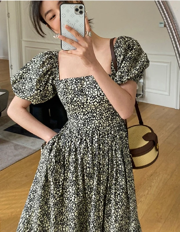 Korean Fashion Floral Maxi Dresses Puff Sleeve Sexy Low Cut Beach Long Dresses Elegant Casual Ladies Women Dresses Summer Elegant Maxi Dress with Drapes