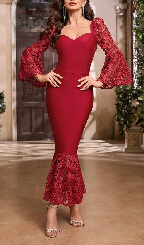 LACE SLEEVE MERMAID MAXI DRESS IN RED Elegant Lace-Up Maxi Dress