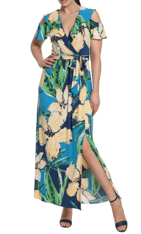 London Times T6230M - Cold Shoulder Floral Maxi Dress Classic Tulle Maxi Dress