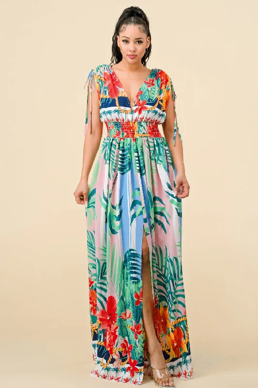 Long Cap Sleeve Tropical Print Maxi Dress Stylish One-Shoulder Maxi Dress