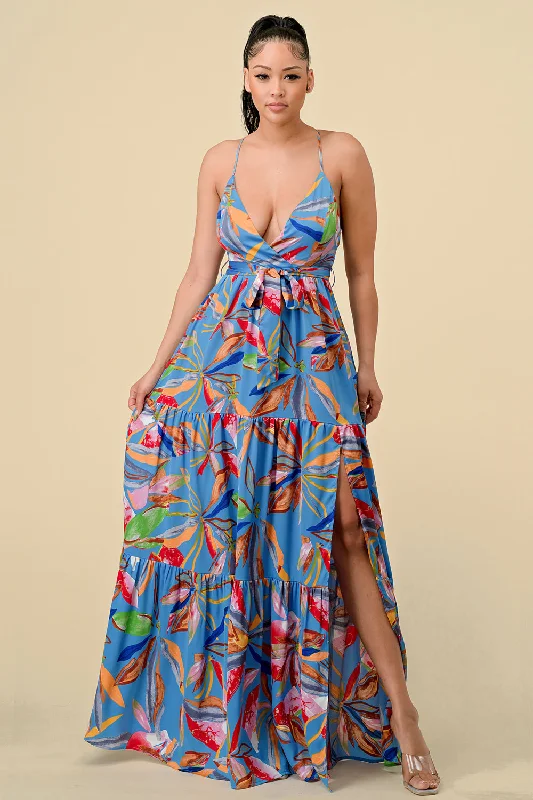 Long Floral Printed Maxi Dress Comfortable Maxi Dress with Belt