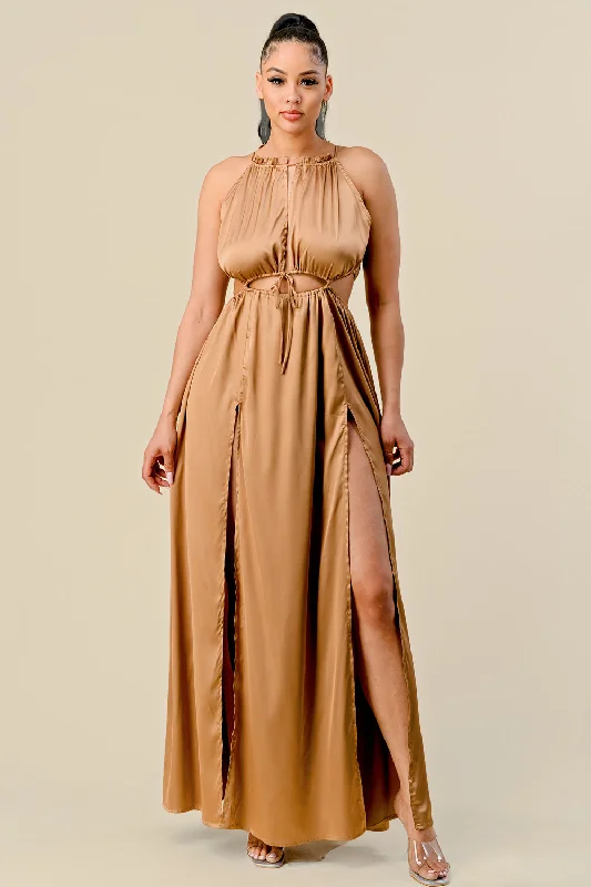 Long Front Cutout Tie Slit Maxi Dress Fashionable Chiffon Maxi Dress