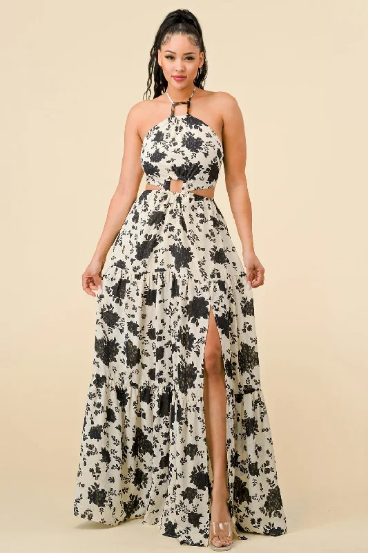 Long Halter Neck Printed Maxi Dress Chic Off-Shoulder Maxi Dress