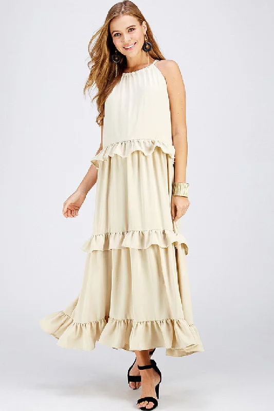 Long Halter Neck Ruffled Maxi Dress Comfortable Flowy Maxi Dress