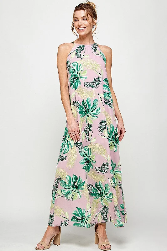 Long Halter Neck Tropical Print Maxi Dress Elegant Floral Maxi Dress