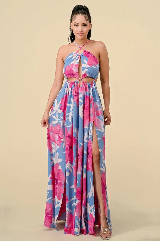 Long Halter Printed Slit Maxi Dress Fashionable High-Low Maxi Dress