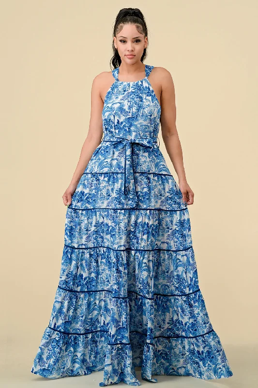 Long Halter Tiered Printed Maxi Dress Comfortable Ruffle Maxi Dress