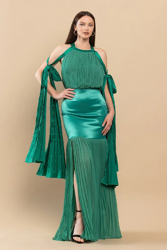 Long Mermaid Pleated Satin Maxi Dress Stylish A-Line Maxi Dress