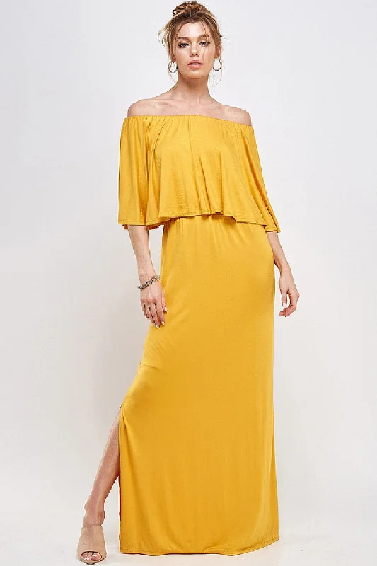 Long Off Shoulder Side Slit Maxi Dress Cozy Ruffle Sleeve Maxi Dress