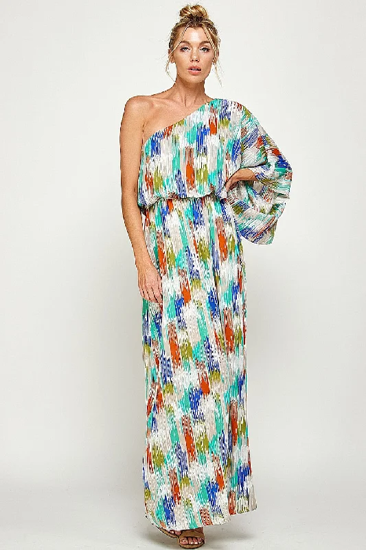 Long One Shoulder Brushed Print Maxi Dress Fashionable Open-Back Maxi Dress