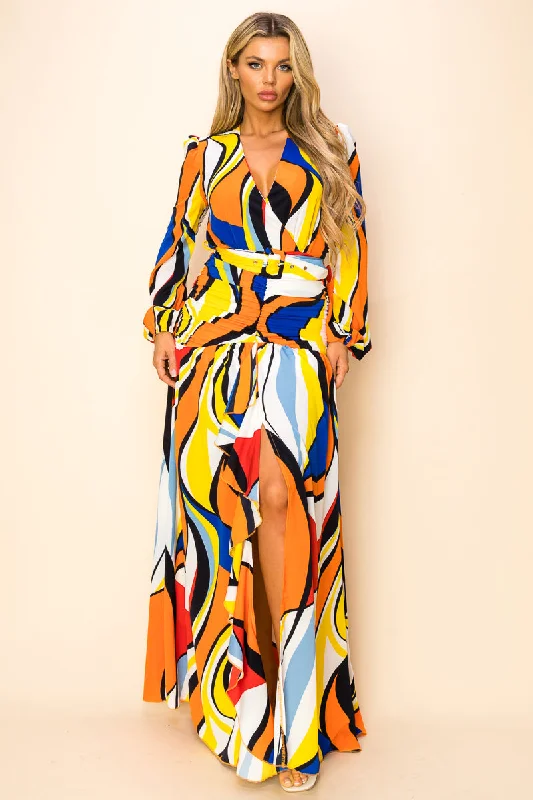 Long Printed Long Sleeve Slit Maxi Dress Elegant Maxi Dress with Ruffles