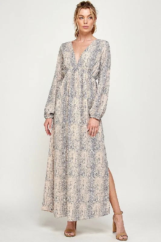 Long Sleeve Animal Print Maxi Dress Comfortable Long-Sleeve Maxi Dress