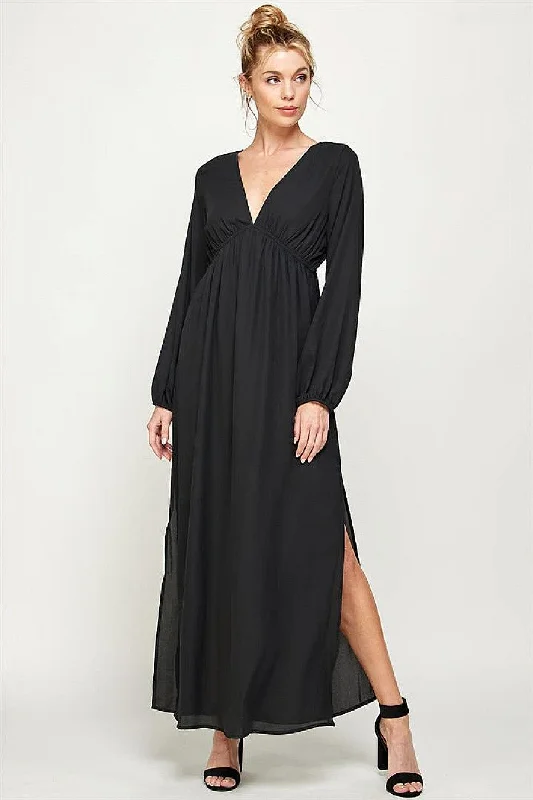 Long Sleeve Side Slit Maxi Dress Comfortable T-Shirt Maxi Dress