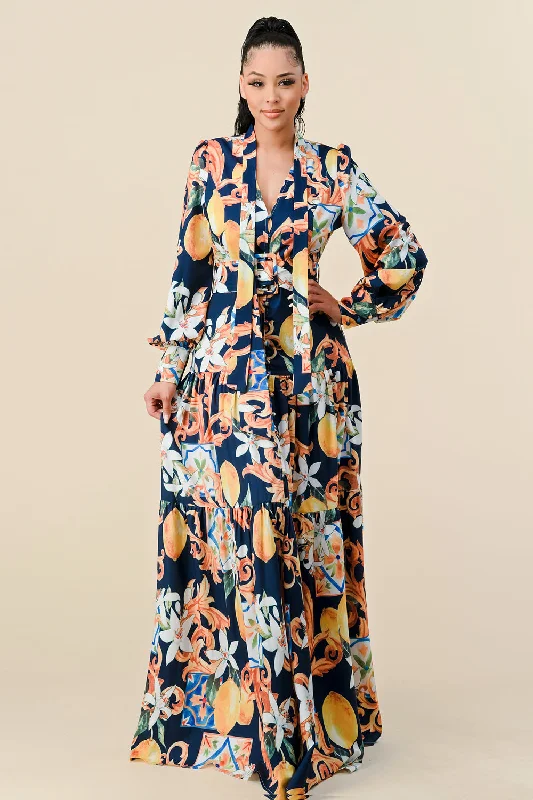 Long Sleeve V Neck Print Maxi Dress Casual Maxi Dress with Pockets