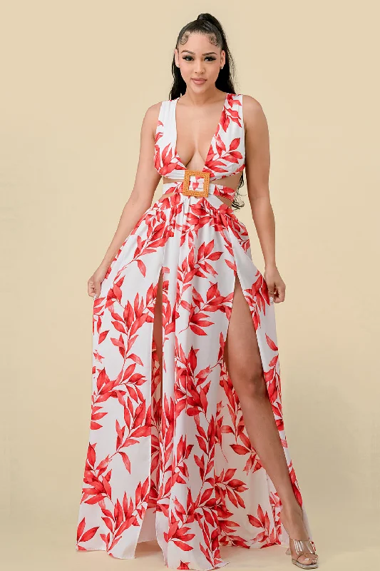 Long Sleeveless Printed Maxi Dress Cozy Open-Back Maxi Dress