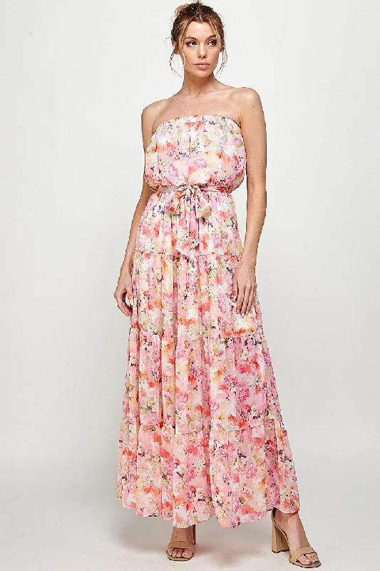 Long Strapless Floral Print Maxi Dress Elegant Silk Maxi Dress