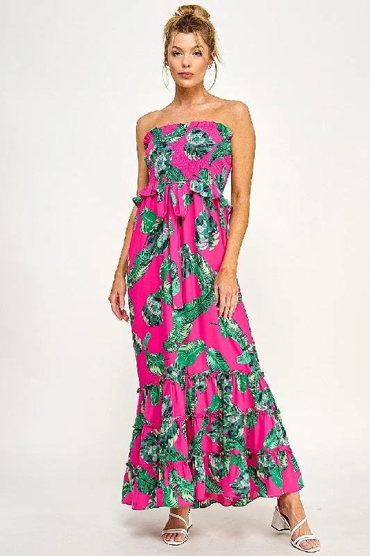 Long Strapless Floral Tiered Maxi Dress Classic Black Maxi Dress