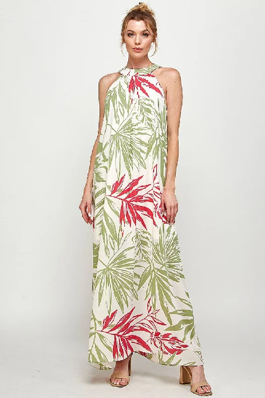 Long Tropical Print Halter Maxi Dress Classic V-Neck Maxi Dress