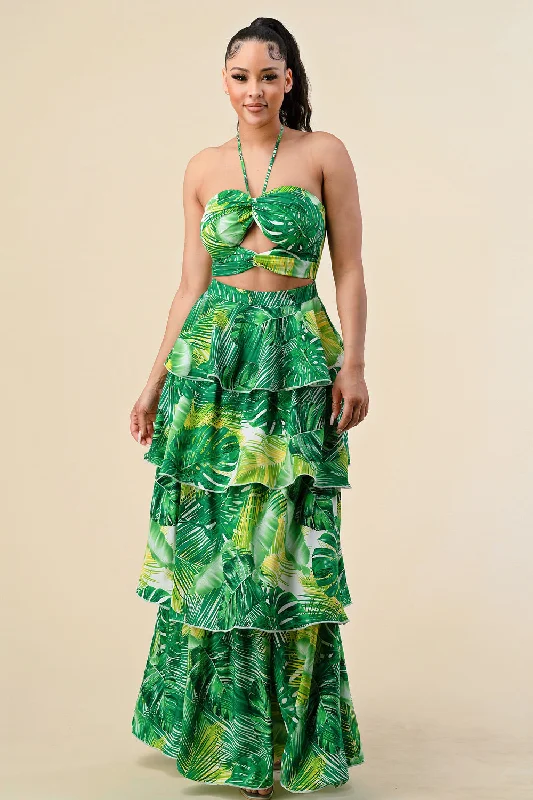 Long Tropical Print Ruffle Halter Maxi Dress Stylish Longline Maxi Dress