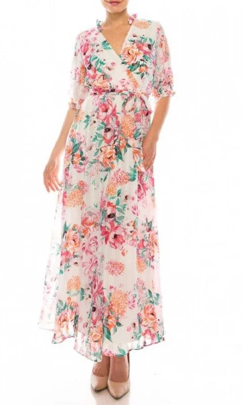 Maison Tara - 95289MSC Ruffled Floral Chiffon Maxi Dress Fashionable Button-Down Maxi Dress