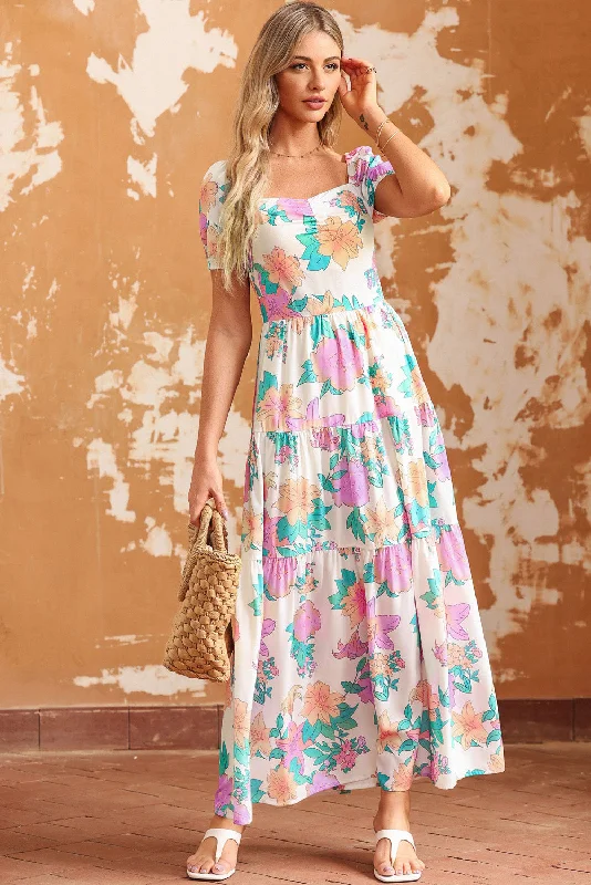 Multicolor Square Neck Puff Sleeve Tiered Floral Maxi Dress Stylish Boho Maxi Dress