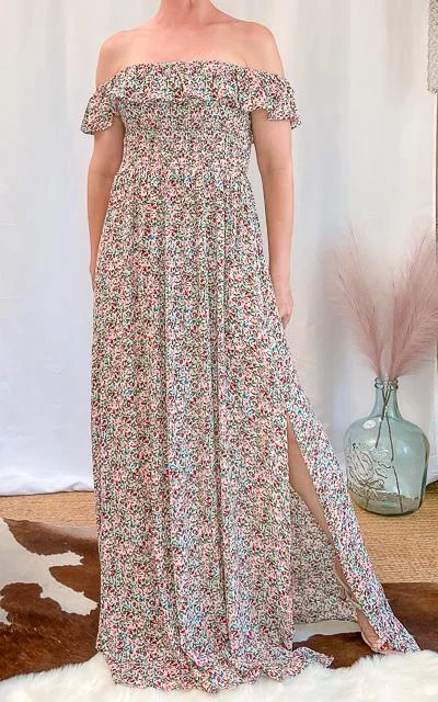 Julia Smocked Floral Off-Shoulder Side Slit Maxi Dress Comfortable Ruffle Hem Maxi Dress