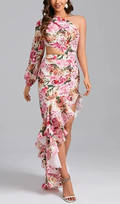 ONE SHOULDER FLORAL MAXI DRESS IN PINK Comfortable Bohemian Maxi Dress