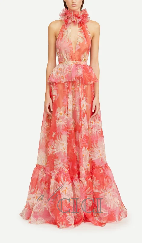 ORANGE FLORAL PRINTED SHEEVELESS HALTER MAXI DRESS Classic Solid Maxi Dress