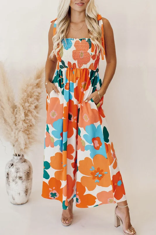 Orange Floral Self Tied Straps Smocked Bust Maxi Dress Trendy Satin Maxi Dress