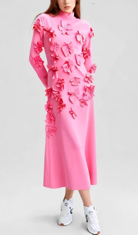 PINK FLOWER EMBELLISHED LONG SLEEVES MAXI DRESS Cozy Knitted Maxi Dress