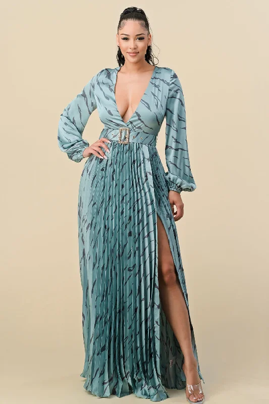 Printed Long Sleeve V Neck Belt Maxi Dress Comfortable Pleated Maxi Dress