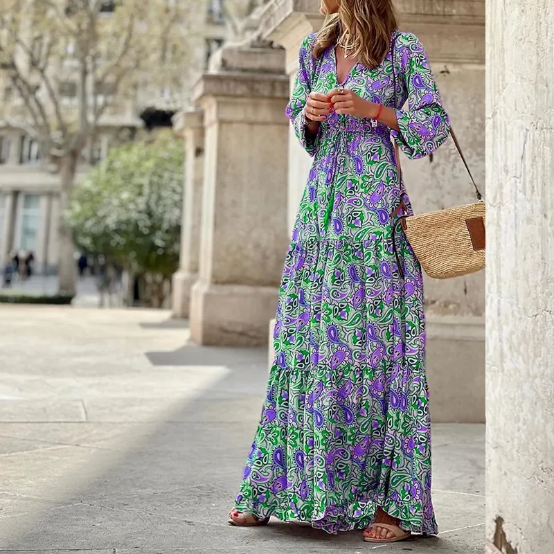 Ramadan /Eid Women Fashion Casual Bohemian Print Long Sleeve Maxi Dress Comfortable Pleated Maxi Dress