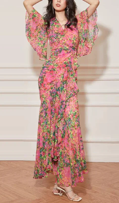 RETRO V-NECK FLORAL MAXI DRESS IN ROSE PINK Cozy Ruffle Sleeve Maxi Dress