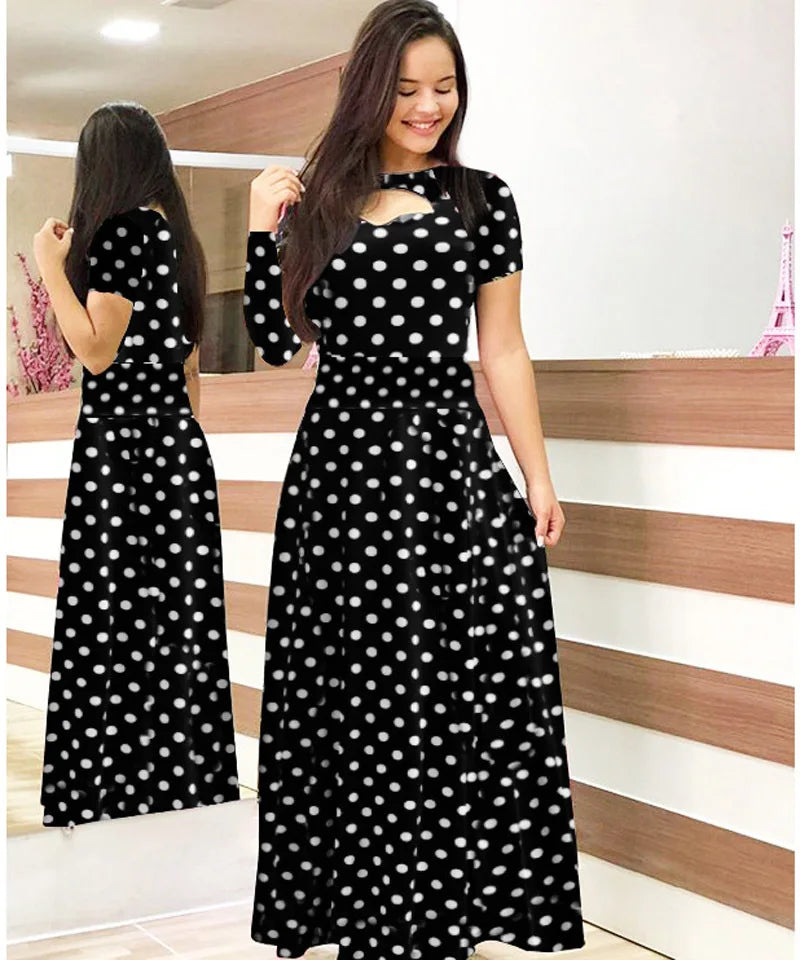 Robe Women's Casual Flower Summer Vestido Short-Sleeved Round Neck Floral Robe Mulheres Maxi Dress Elegant Kleid Stylish Maxi Dress with Pleats