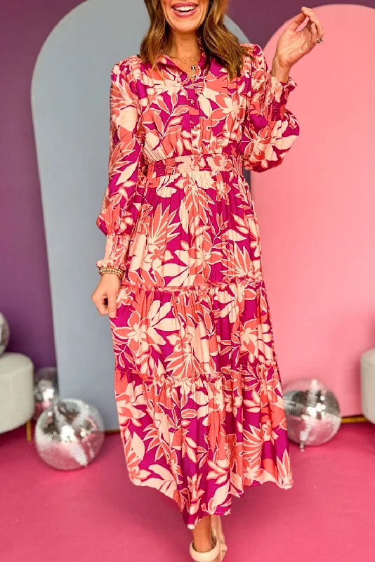 Rose Floral Print Buttoned Smocked High Waist Maxi Dress Elegant Tiered Maxi Dress