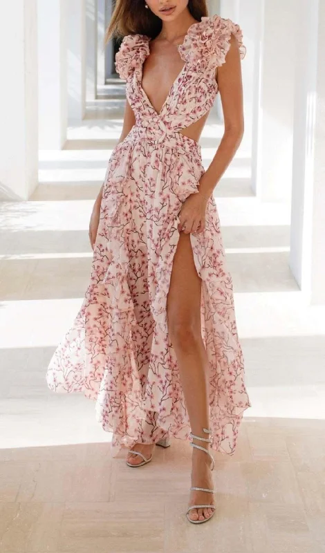 RUFFLED FLORAL CUTOUT MAXI DRESS Elegant Maxi Dress with Drapes