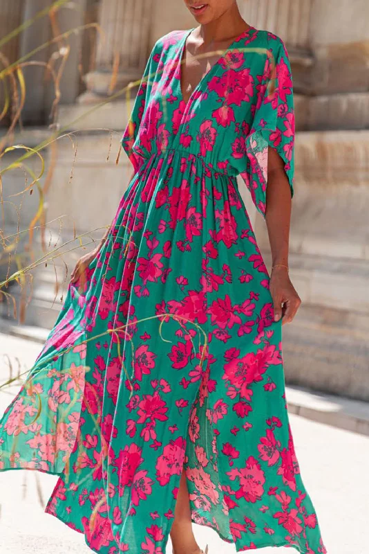 Sea Green Printed V Neck Short Sleeve Split Flared Maxi Dress Comfortable Pleated Maxi Dress