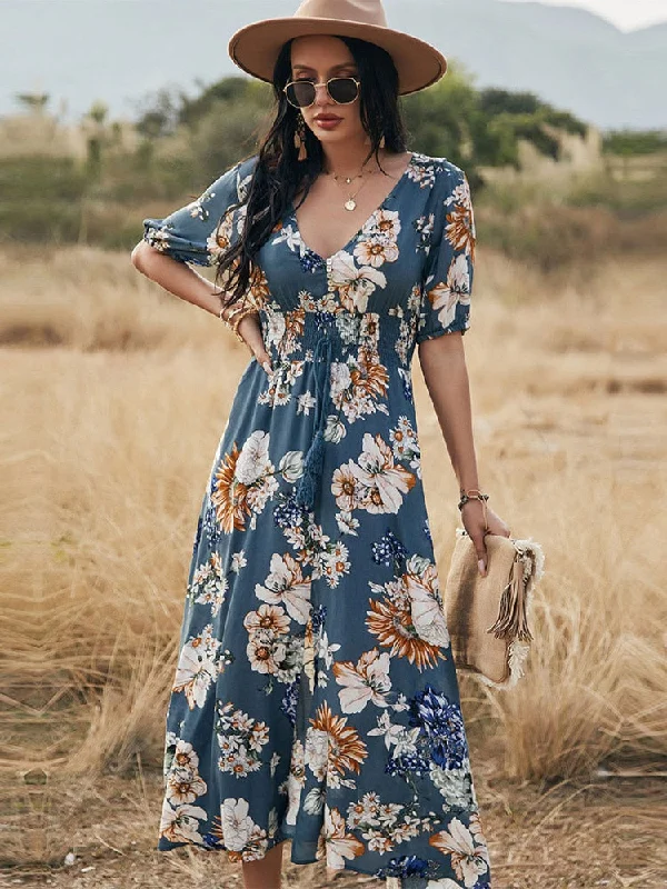 Spring Summer Long Floral Bandage Dress Women Sexy V Neck Slim High Waist Ladies A Line Print Maxi Dresses Trendy Maxi Dress with Belt