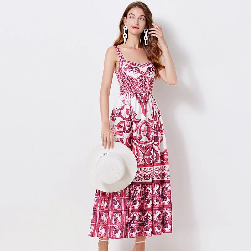 Summer Dress Women Runway Rose Flower Bohemian Spaghetti Strap Floral Print Backless Vacation Party Maxi Dresses Fashionable Printed Maxi Dress