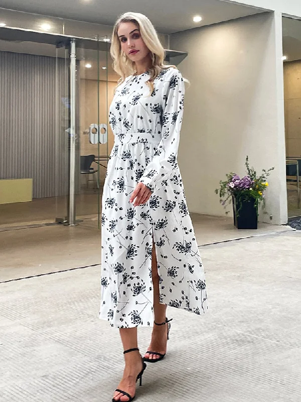 Summer New Design Women Floral print Split Long Sleeved Maxi Dress Trendy Ruffled Maxi Dress