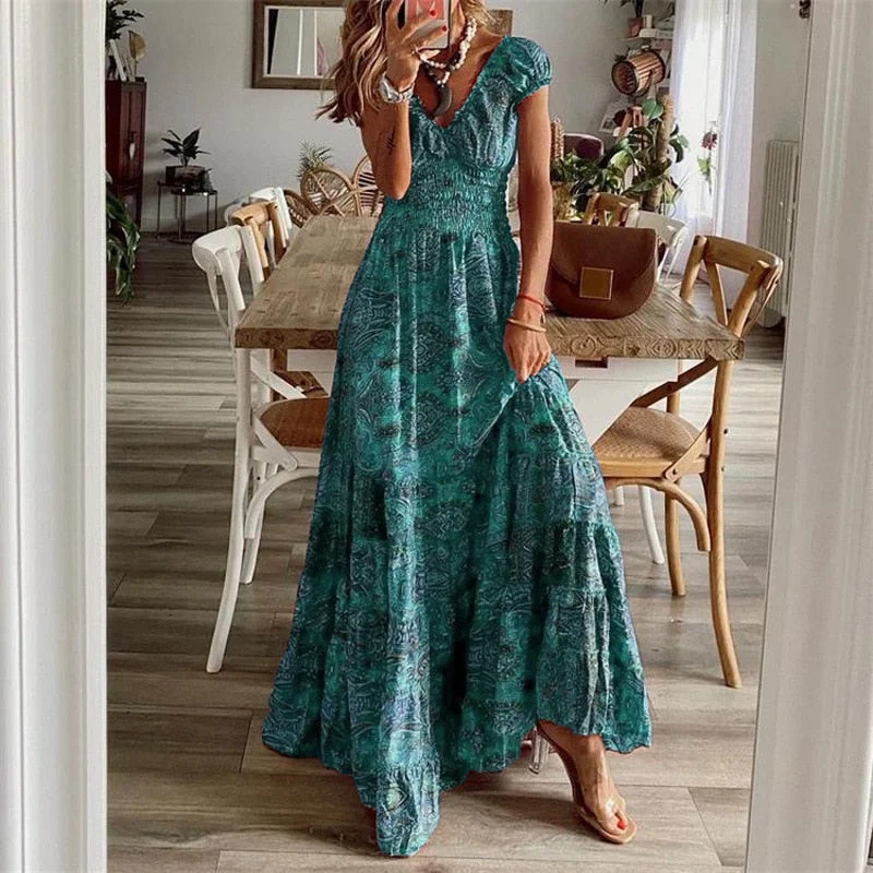 Summer Vintage Long Dresses Women Bohemian Elegant Floral Print V Neck Robe Beach Holiday Casual Big Swing Maxi Dresses Classic Strapless Maxi Dress