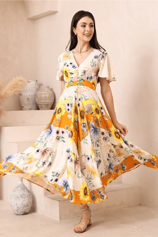 Sunflower Maxi Dress Elegant Pleated Maxi Dress