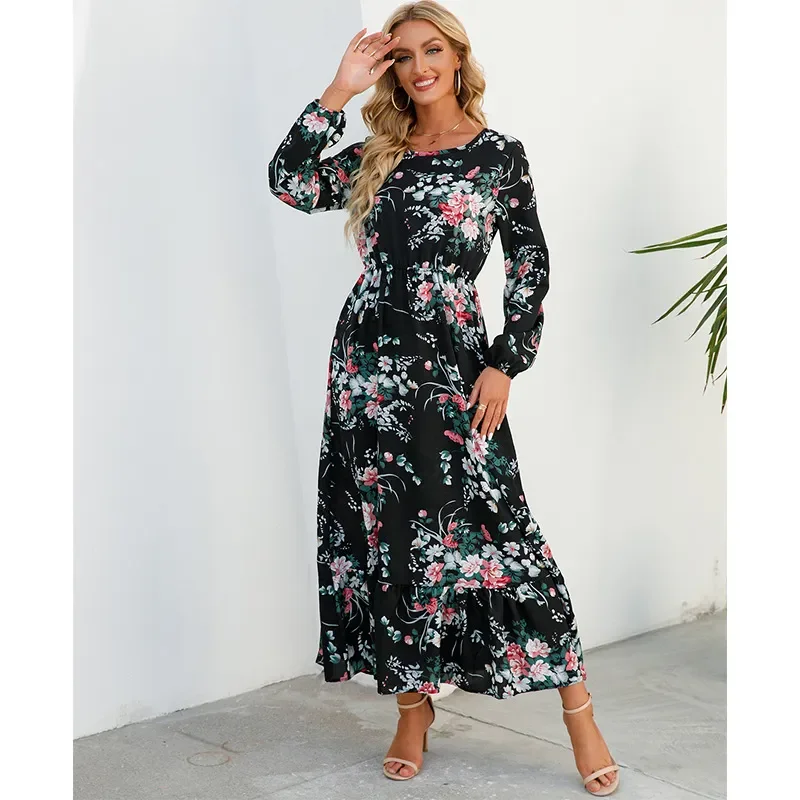 Women Ramadan /Eid Fashion Floral Chiffon Long Sleeve Maxi Dress Fashionable Sleeveless Maxi Dress