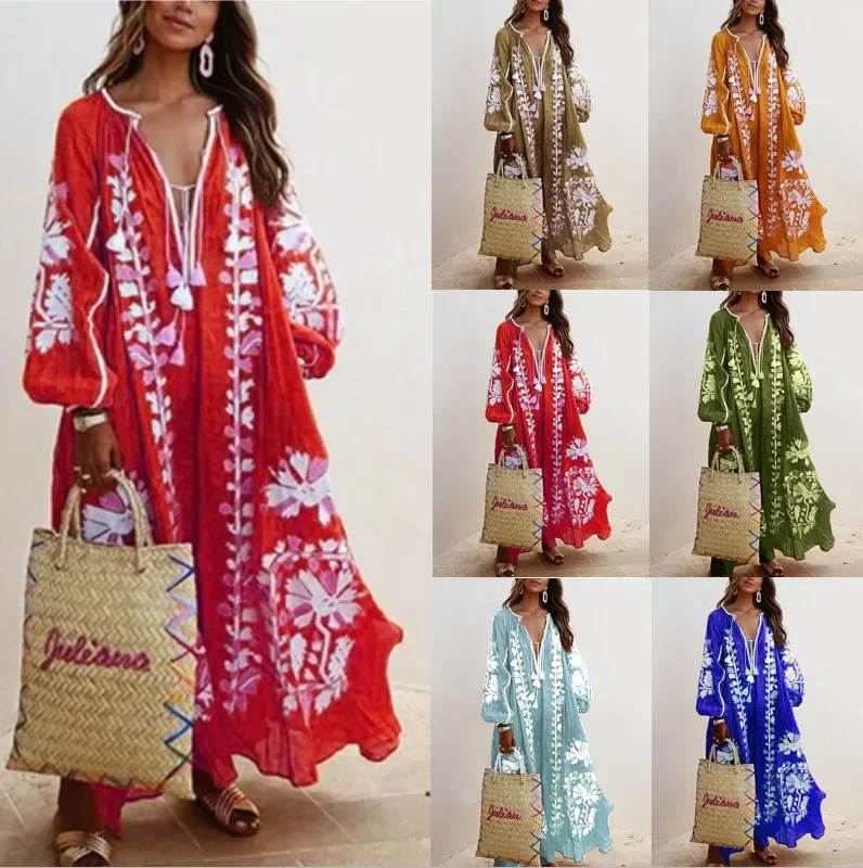 Ramadan /Eid Women Retro Loose V-Neck Long Sleeve Printed Maxi Dress Comfortable Ruffle Maxi Dress