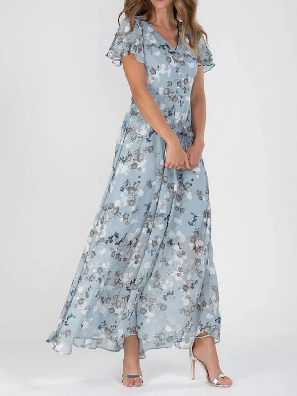 Women's Casual Dress Swing Dress Floral Dress Chiffon Long Dress Maxi Dress Green Blue Light Blue Short Sleeve Floral Ruffle Spring Summer V Neck Fashion Daily Date Vacation S M L XL XXL 3XL Stylish A-Line Maxi Dress