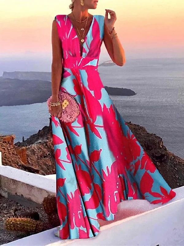 Women's Casual Dress Swing Dress Floral Dress Long Dress Maxi Dress Green Blue Pink Sleeveless Floral Print Spring Summer Deep V Hot Daily S M L XL XXL Elegant Boho Maxi Dress